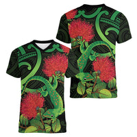 New Zealand Gecko Women V-Neck T-Shirt Aotearoa Maori With Pohutukawa Flowers
