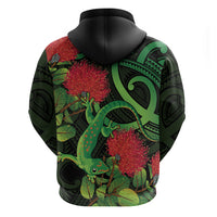 New Zealand Gecko Zip Hoodie Aotearoa Maori With Pohutukawa Flowers