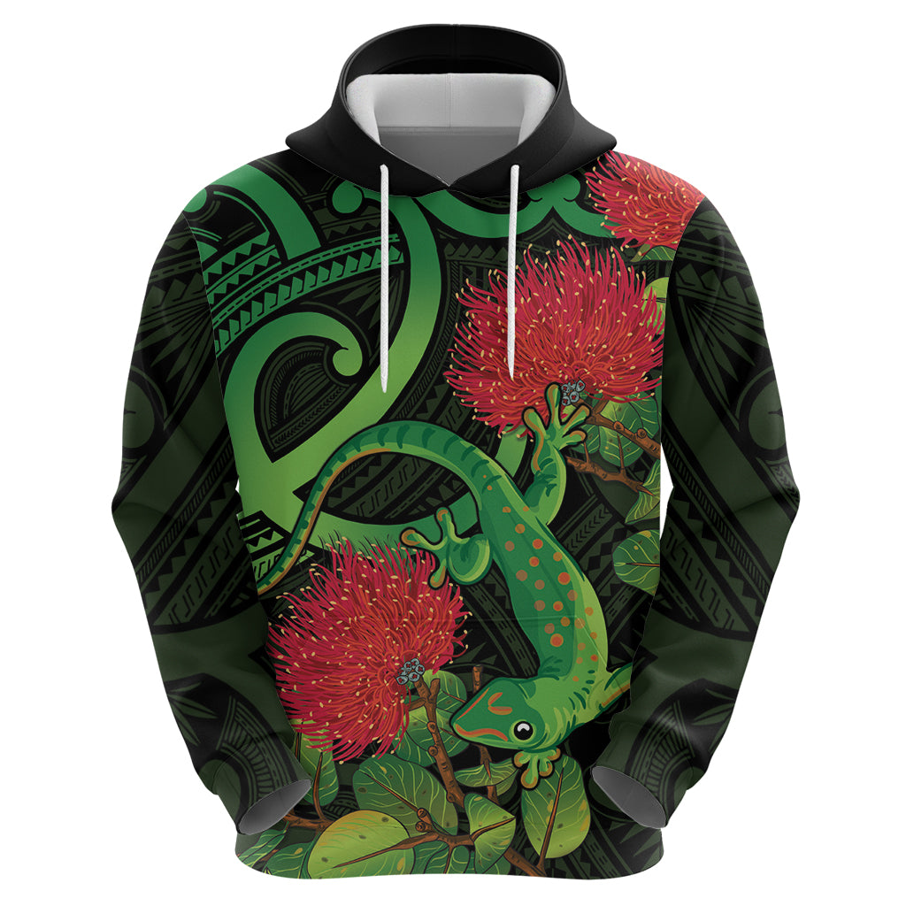 New Zealand Gecko Zip Hoodie Aotearoa Maori With Pohutukawa Flowers