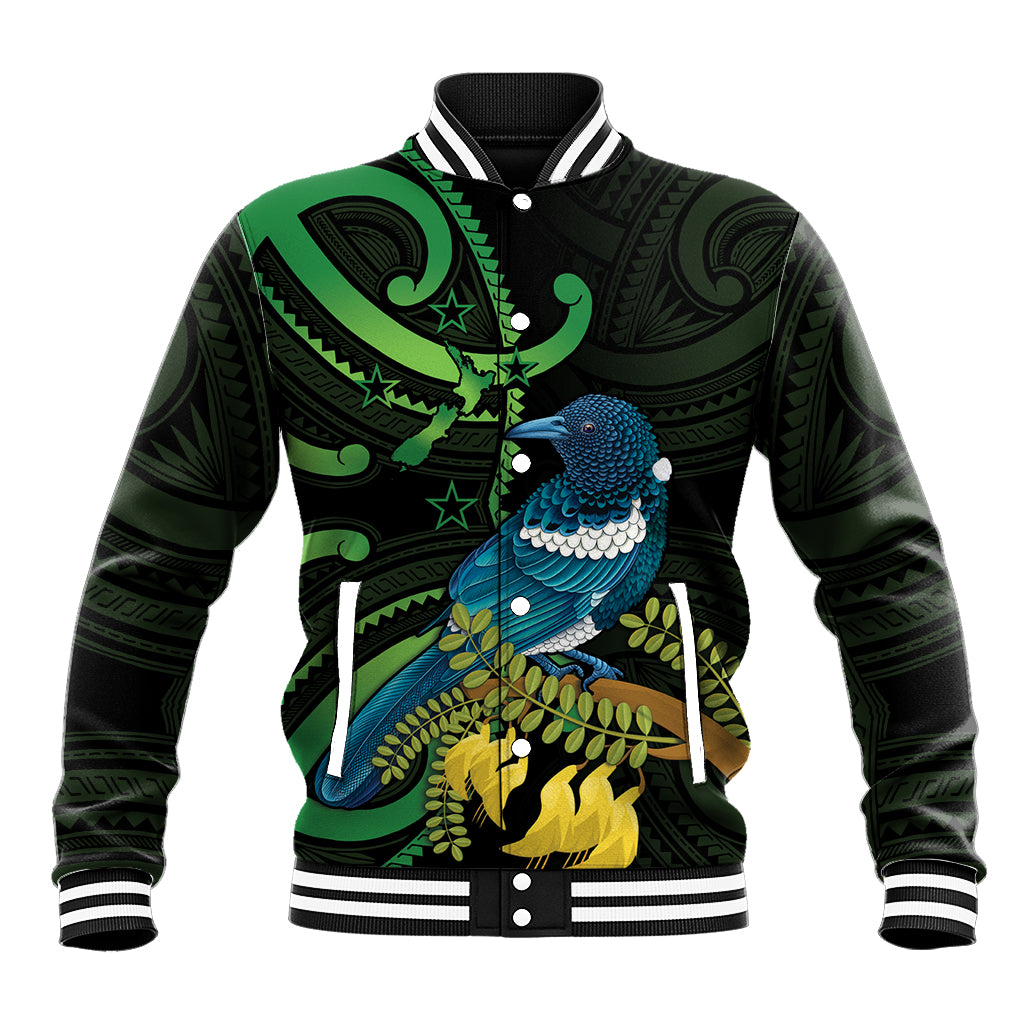 New Zealand Tui Bird Baseball Jacket Aotearoa Maori With Kowhai Flowers LT14 Unisex Black - Polynesian Pride