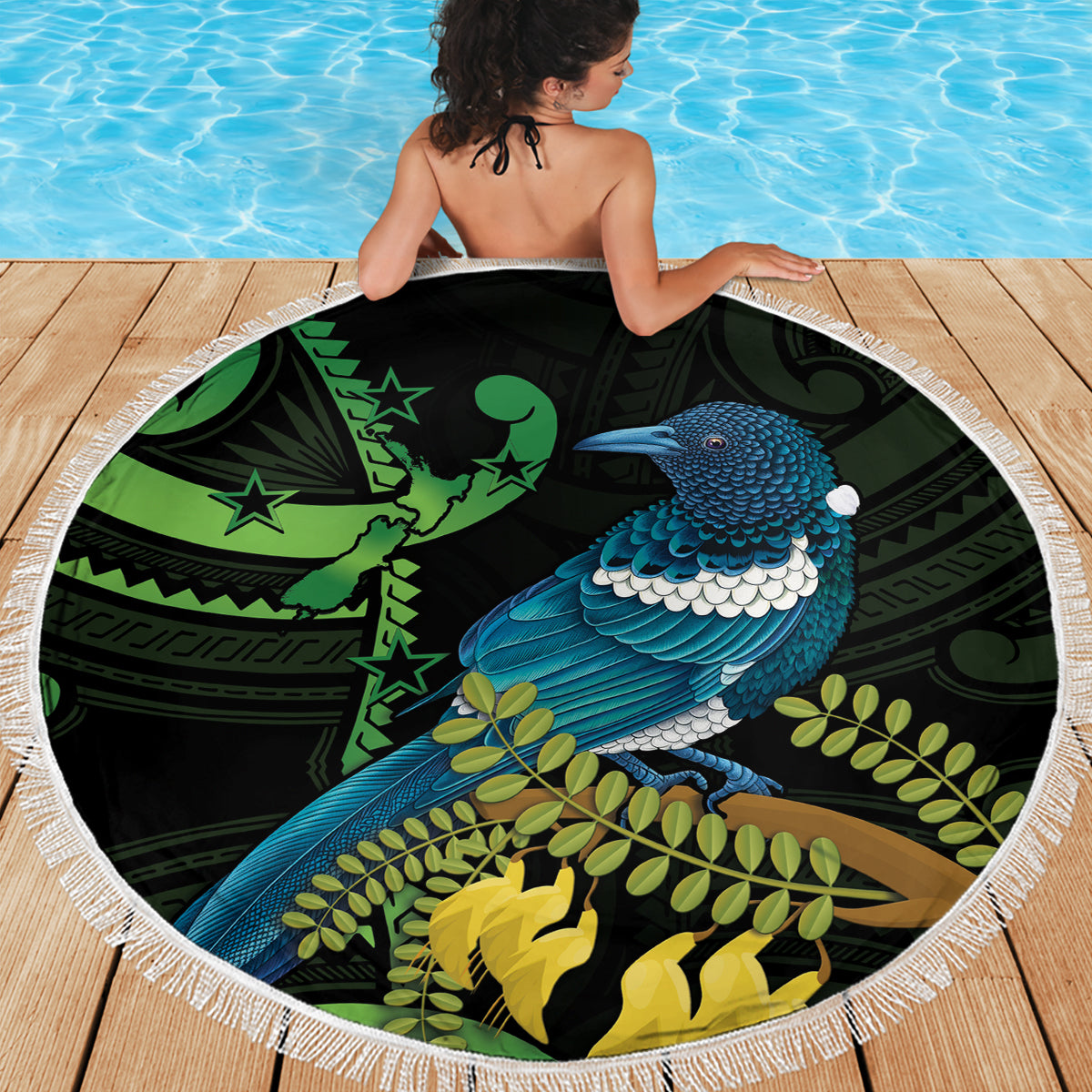 New Zealand Tui Bird Beach Blanket Aotearoa Maori With Kowhai Flowers LT14 - Polynesian Pride