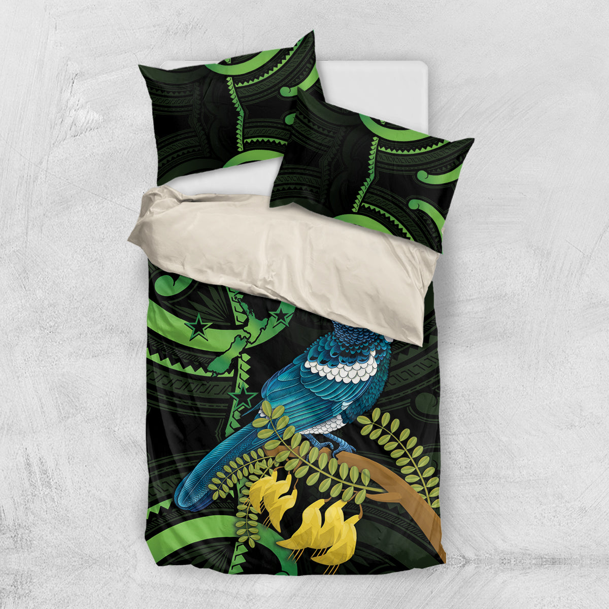 New Zealand Tui Bird Bedding Set Aotearoa Maori With Kowhai Flowers