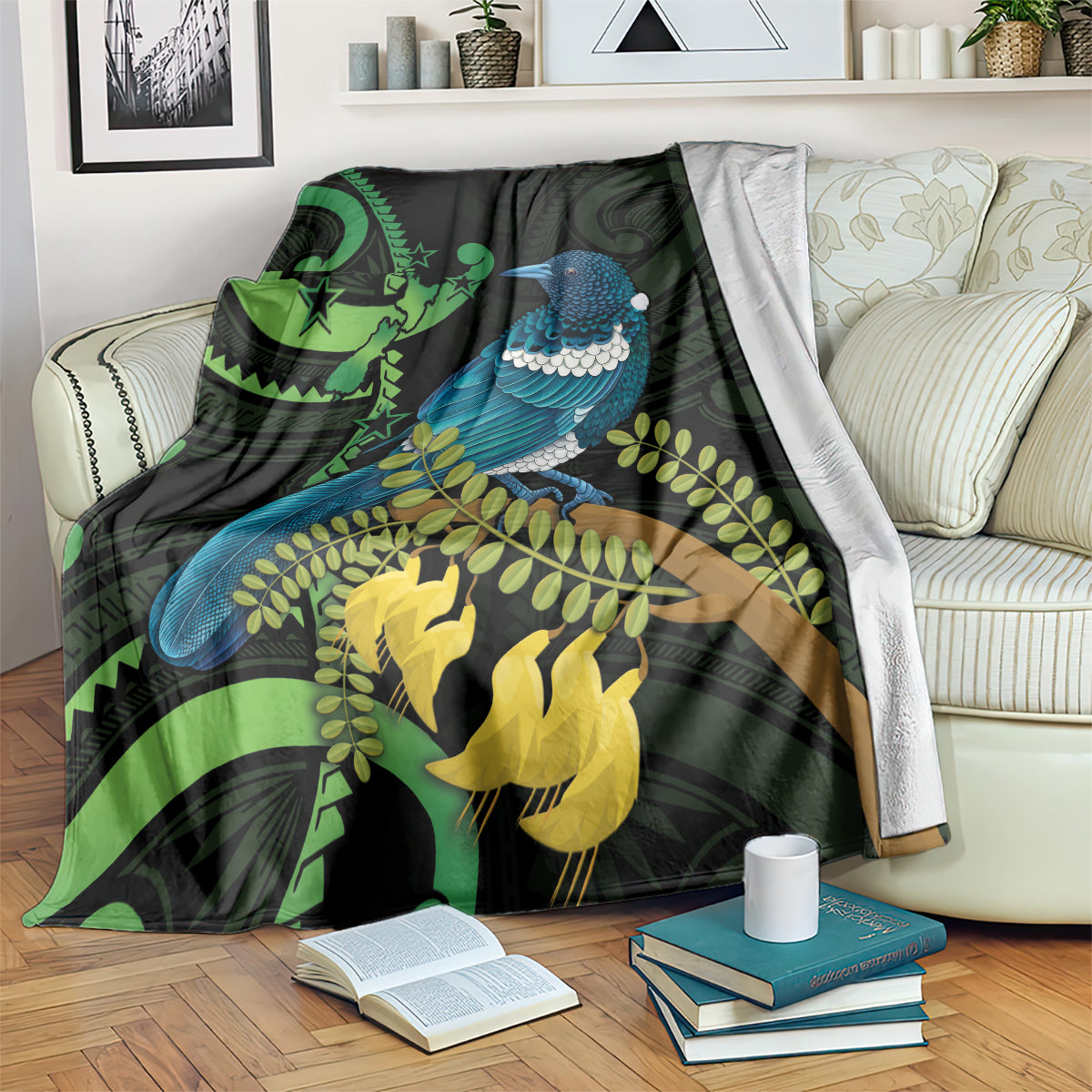 New Zealand Tui Bird Blanket Aotearoa Maori With Kowhai Flowers LT14 Black - Polynesian Pride