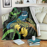 New Zealand Tui Bird Blanket Aotearoa Maori With Kowhai Flowers LT14 Black - Polynesian Pride
