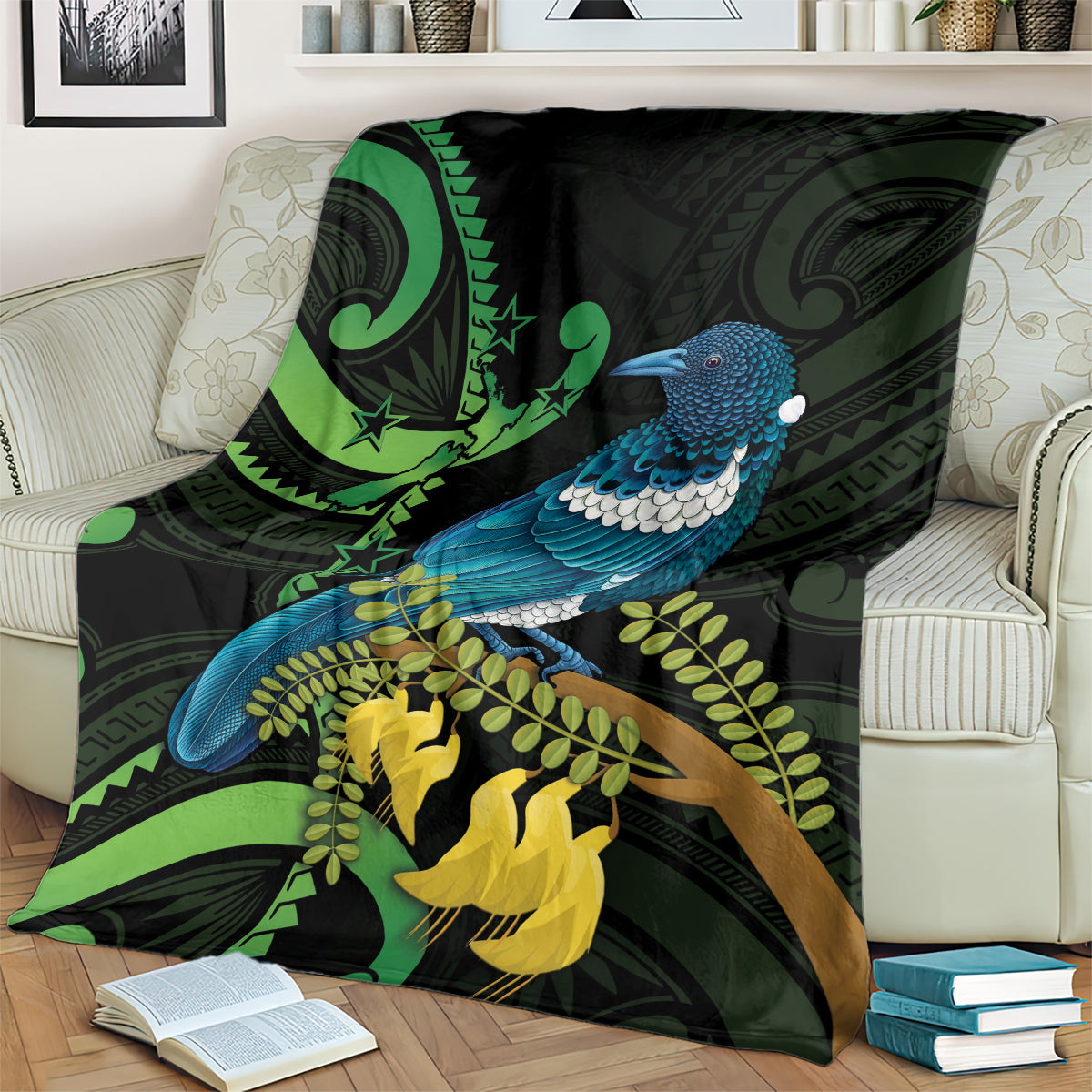 New Zealand Tui Bird Blanket Aotearoa Maori With Kowhai Flowers LT14 - Polynesian Pride