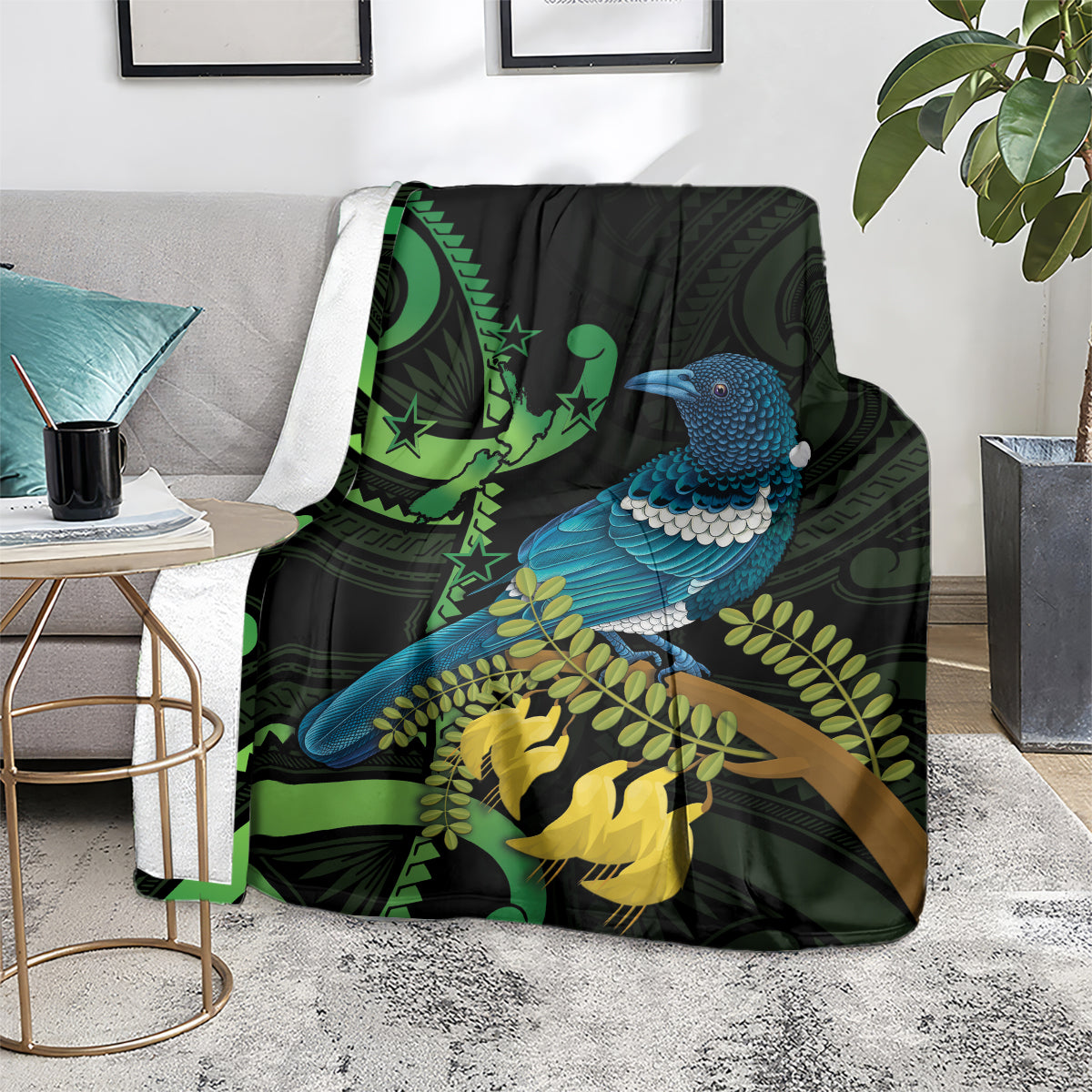 New Zealand Tui Bird Blanket Aotearoa Maori With Kowhai Flowers LT14 - Polynesian Pride