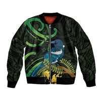New Zealand Tui Bird Bomber Jacket Aotearoa Maori With Kowhai Flowers LT14 Unisex Black - Polynesian Pride