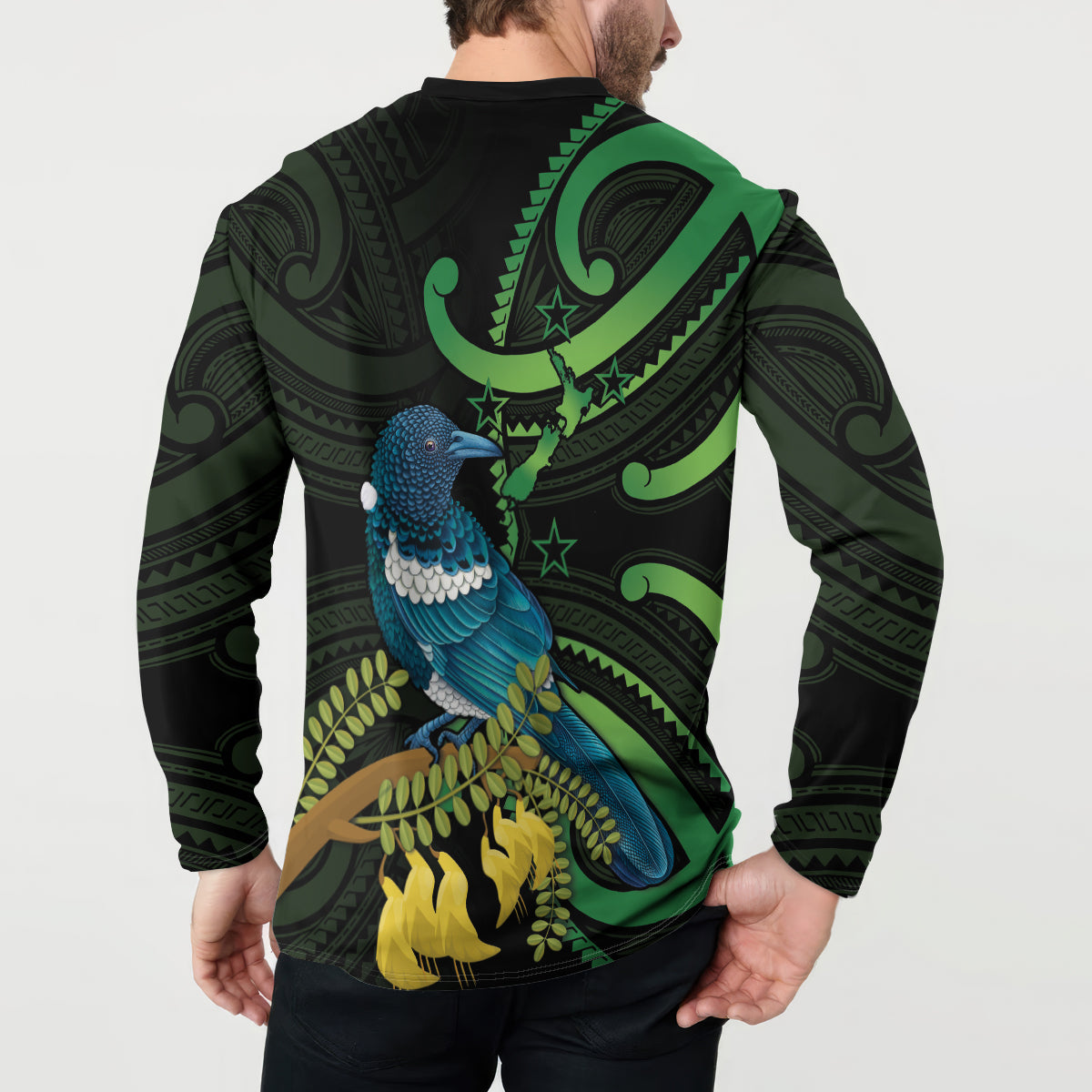 New Zealand Tui Bird Button Sweatshirt Aotearoa Maori With Kowhai Flowers LT14 - Polynesian Pride