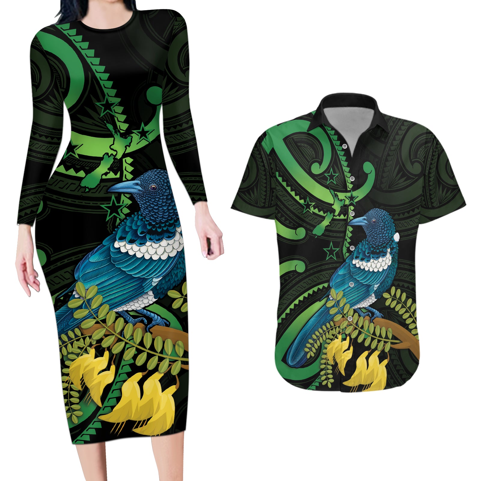 New Zealand Tui Bird Couples Matching Long Sleeve Bodycon Dress and Hawaiian Shirt Aotearoa Maori With Kowhai Flowers