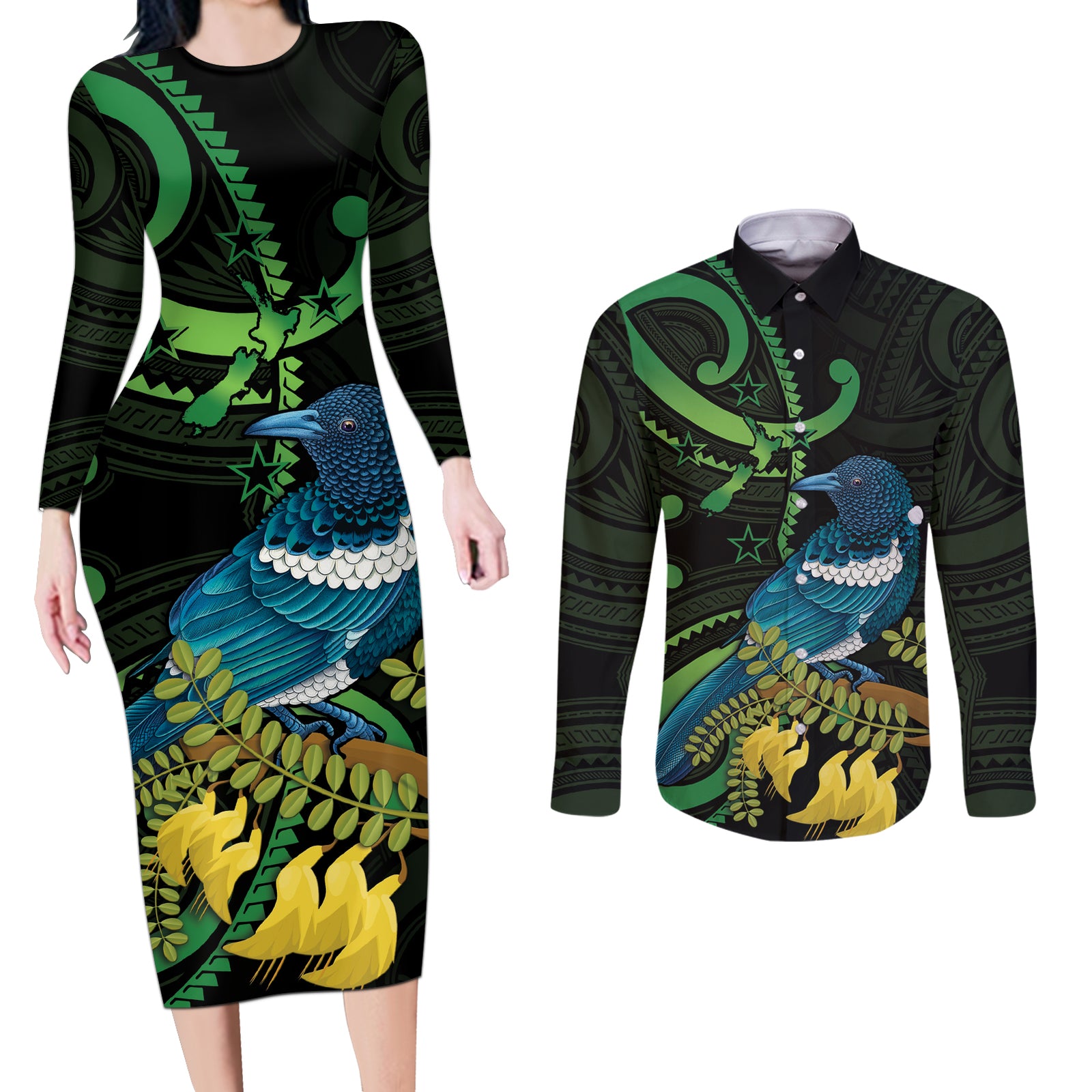 New Zealand Tui Bird Couples Matching Long Sleeve Bodycon Dress and Long Sleeve Button Shirt Aotearoa Maori With Kowhai Flowers LT14 Black - Polynesian Pride