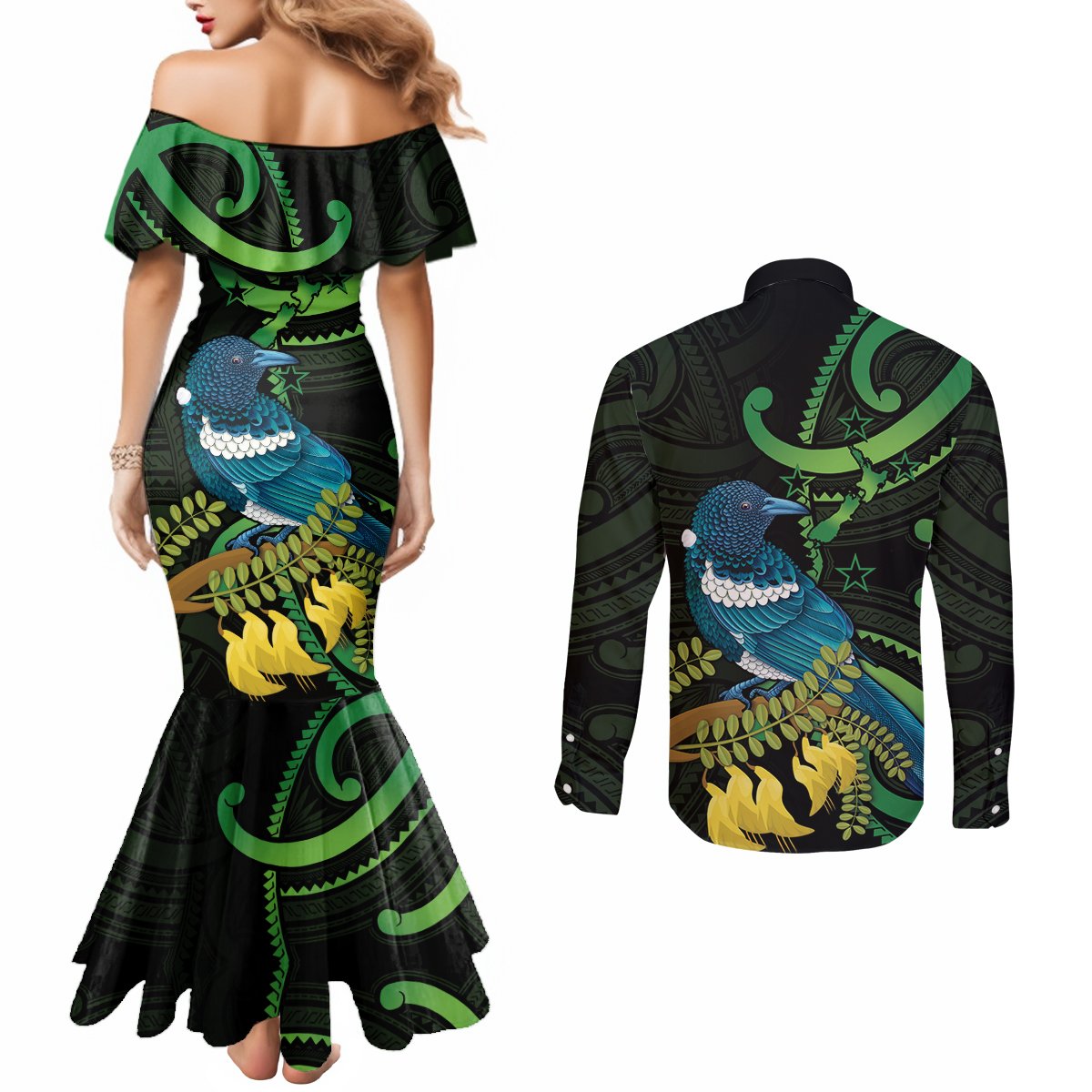 New Zealand Tui Bird Couples Matching Mermaid Dress and Long Sleeve Button Shirt Aotearoa Maori With Kowhai Flowers