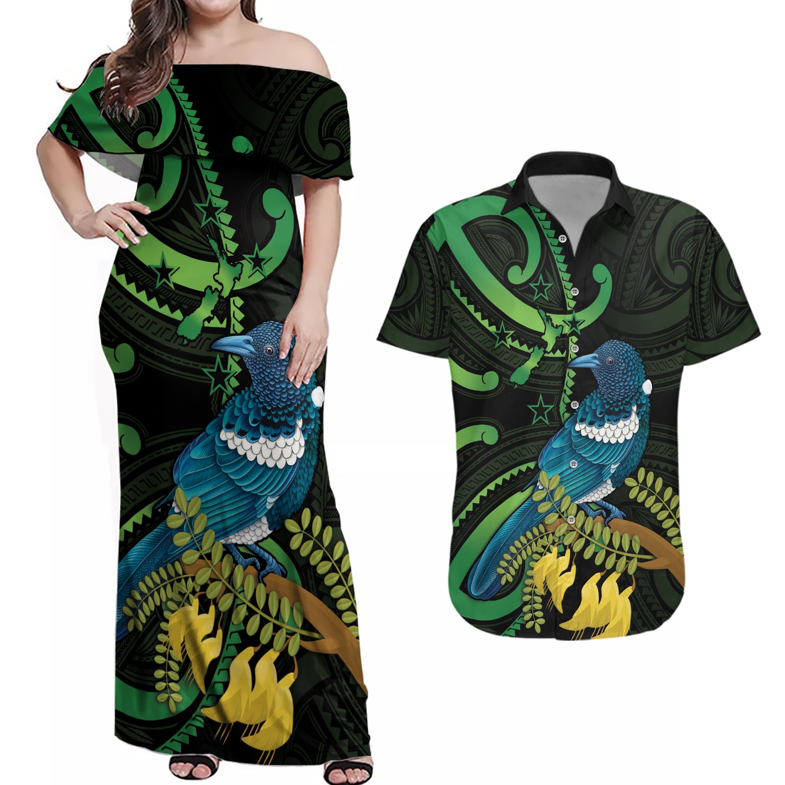 New Zealand Tui Bird Couples Matching Off Shoulder Maxi Dress and Hawaiian Shirt Aotearoa Maori With Kowhai Flowers