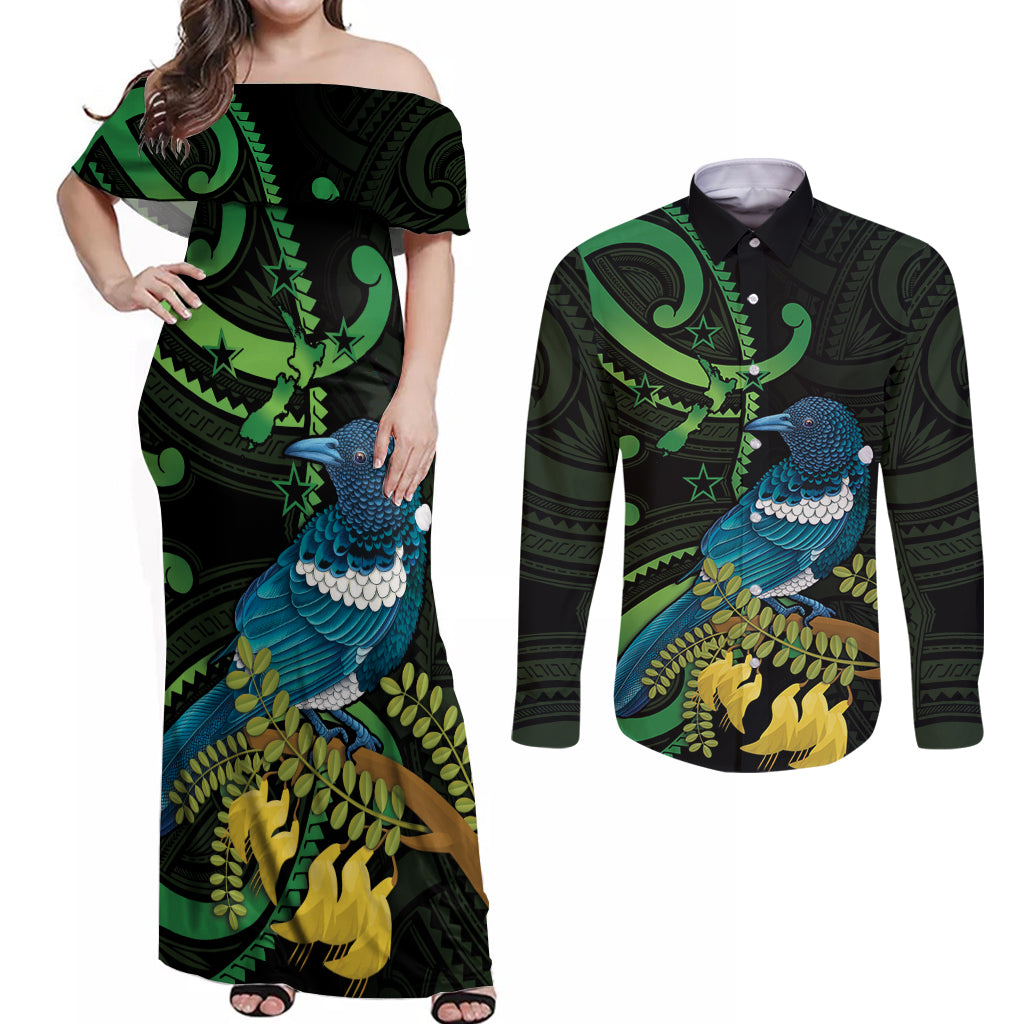New Zealand Tui Bird Couples Matching Off Shoulder Maxi Dress and Long Sleeve Button Shirt Aotearoa Maori With Kowhai Flowers LT14 Black - Polynesian Pride