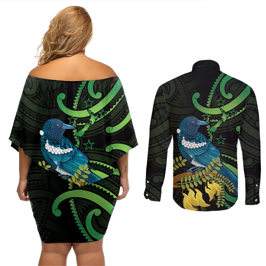 New Zealand Tui Bird Couples Matching Off Shoulder Short Dress and Long Sleeve Button Shirt Aotearoa Maori With Kowhai Flowers