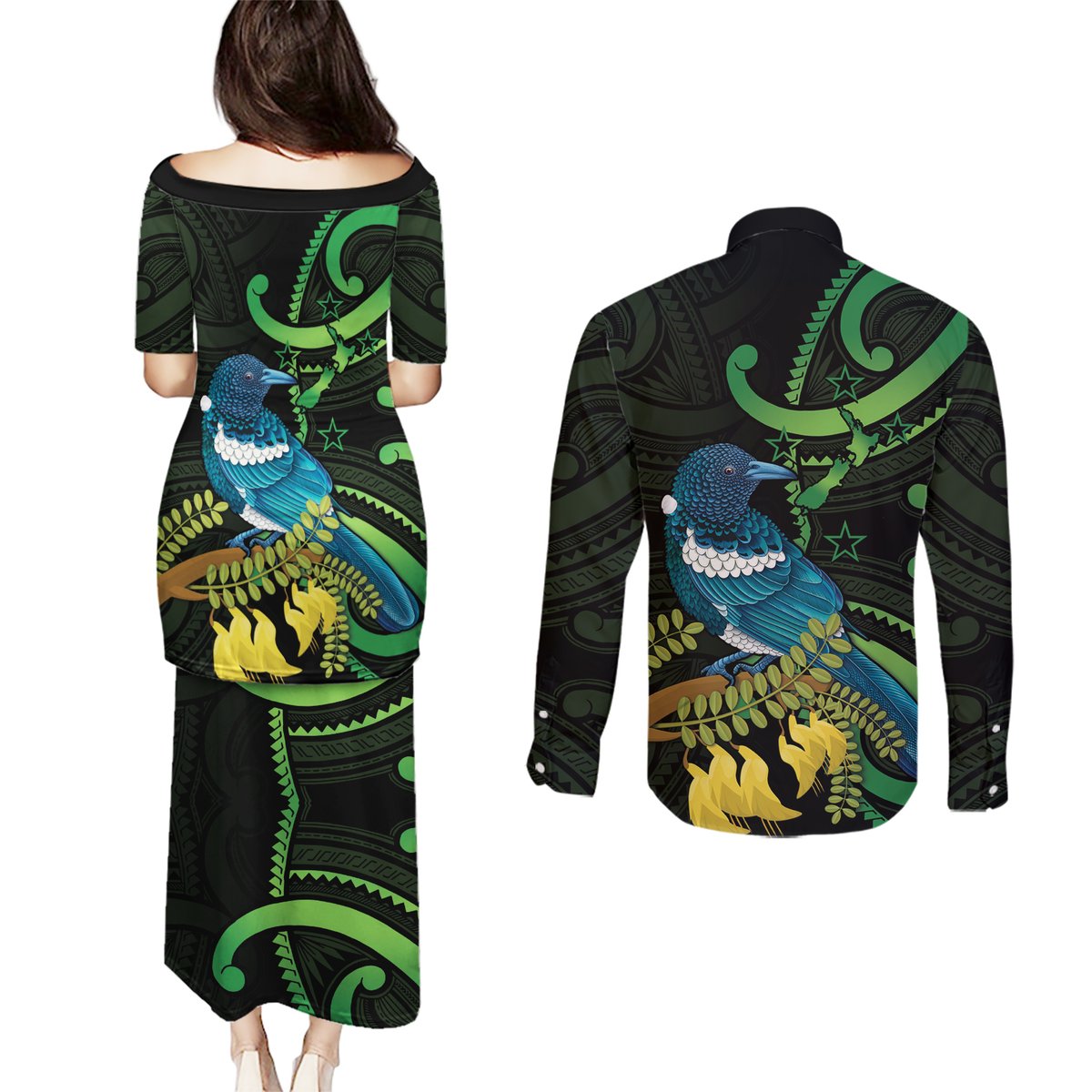 New Zealand Tui Bird Couples Matching Puletasi and Long Sleeve Button Shirt Aotearoa Maori With Kowhai Flowers LT14 - Polynesian Pride