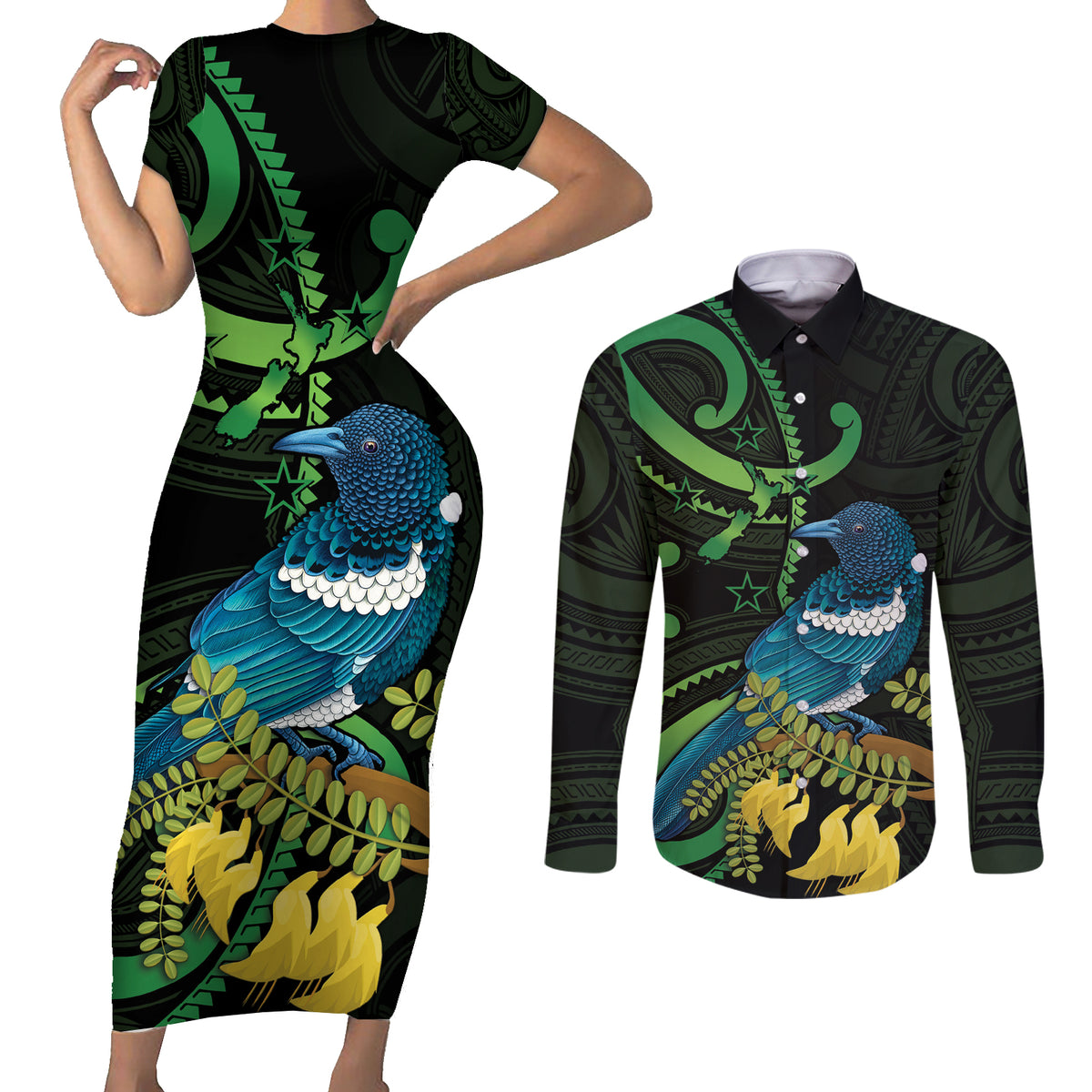 New Zealand Tui Bird Couples Matching Short Sleeve Bodycon Dress and Long Sleeve Button Shirt Aotearoa Maori With Kowhai Flowers