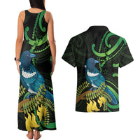 New Zealand Tui Bird Couples Matching Tank Maxi Dress and Hawaiian Shirt Aotearoa Maori With Kowhai Flowers