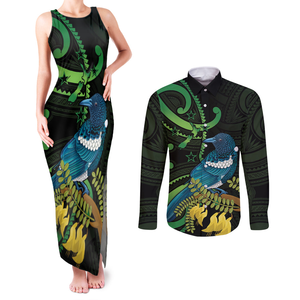 New Zealand Tui Bird Couples Matching Tank Maxi Dress and Long Sleeve Button Shirt Aotearoa Maori With Kowhai Flowers LT14 Black - Polynesian Pride