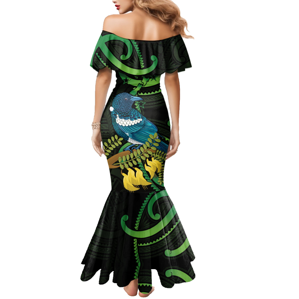 New Zealand Tui Bird Family Matching Mermaid Dress and Hawaiian Shirt Aotearoa Maori With Kowhai Flowers