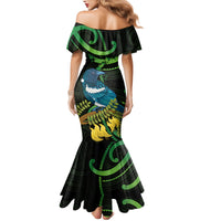 New Zealand Tui Bird Family Matching Mermaid Dress and Hawaiian Shirt Aotearoa Maori With Kowhai Flowers