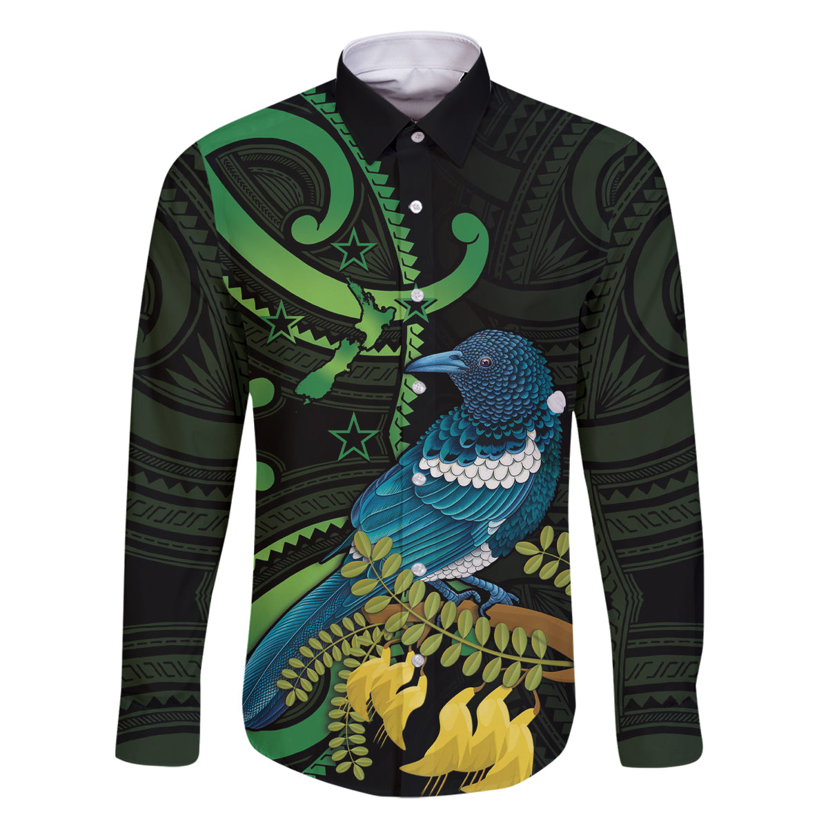 New Zealand Tui Bird Family Matching Off Shoulder Maxi Dress and Hawaiian Shirt Aotearoa Maori With Kowhai Flowers