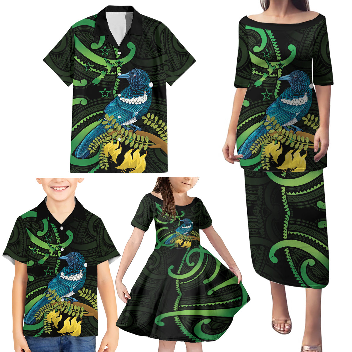 New Zealand Tui Bird Family Matching Puletasi and Hawaiian Shirt Aotearoa Maori With Kowhai Flowers