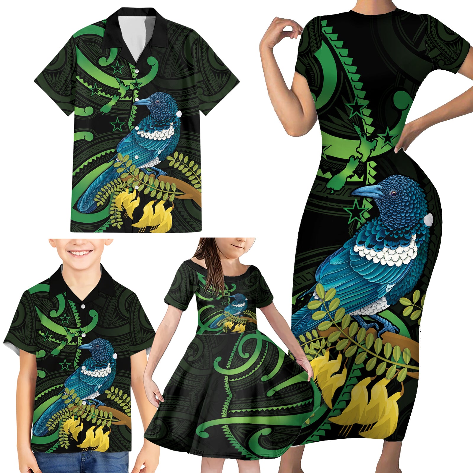 New Zealand Tui Bird Family Matching Short Sleeve Bodycon Dress and Hawaiian Shirt Aotearoa Maori With Kowhai Flowers LT14 - Polynesian Pride