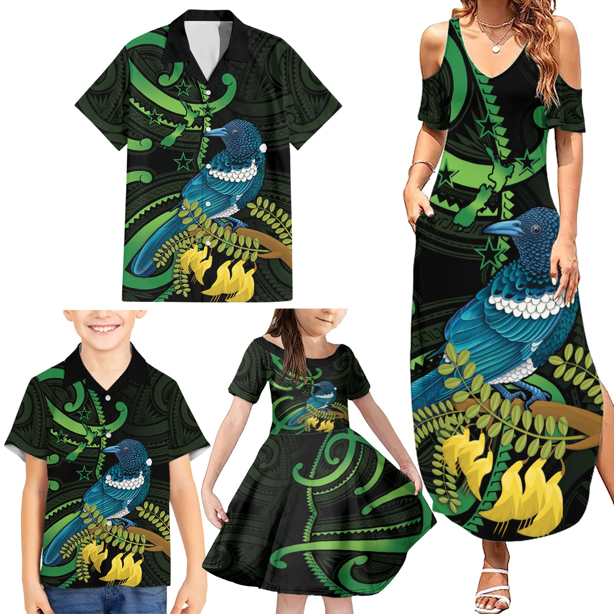 New Zealand Tui Bird Family Matching Summer Maxi Dress and Hawaiian Shirt Aotearoa Maori With Kowhai Flowers