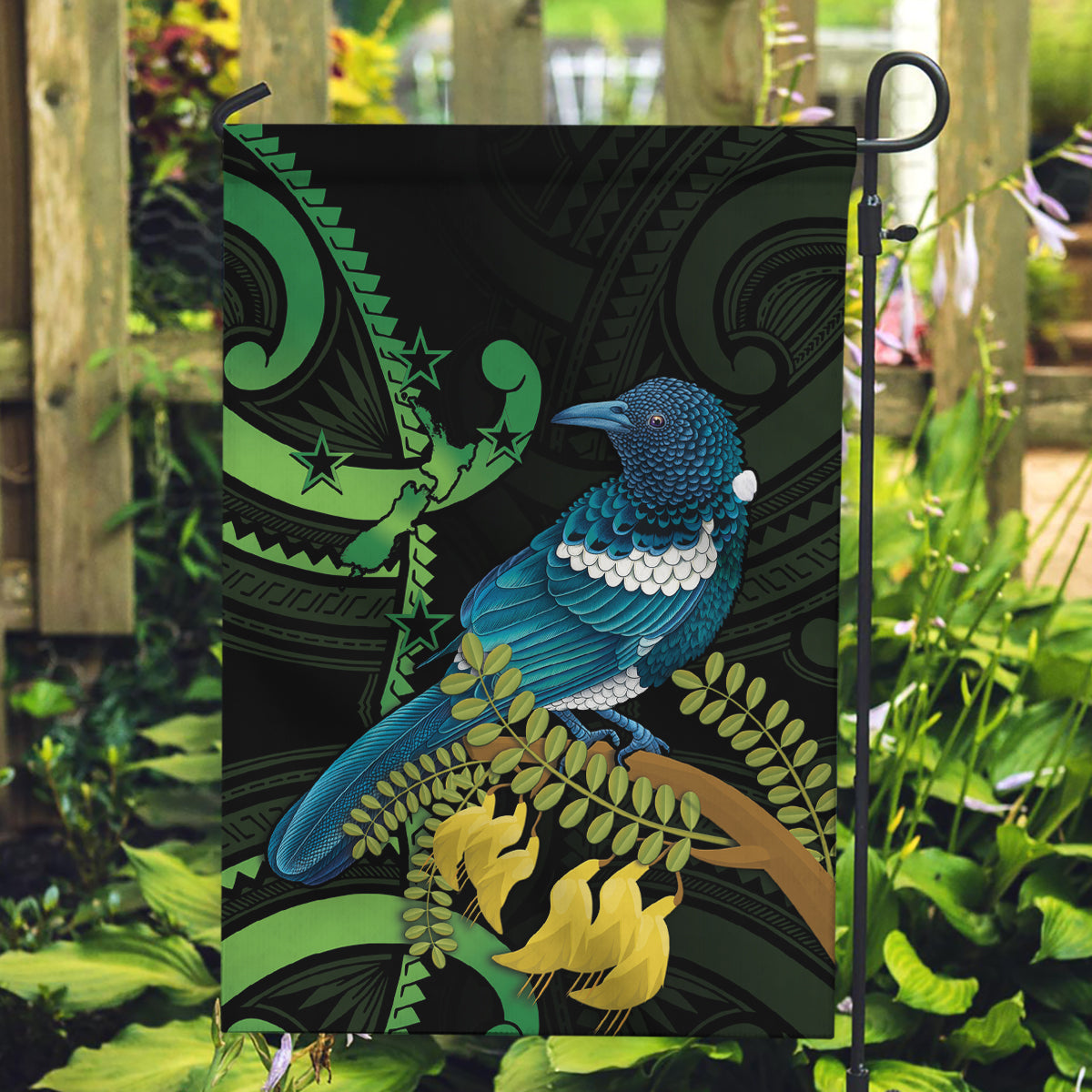 New Zealand Tui Bird Garden Flag Aotearoa Maori With Kowhai Flowers LT14 Garden Flag Black - Polynesian Pride