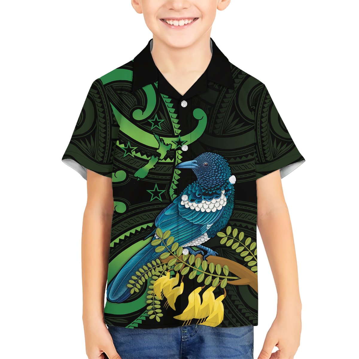 New Zealand Tui Bird Hawaiian Shirt Aotearoa Maori With Kowhai Flowers LT14 - Polynesian Pride