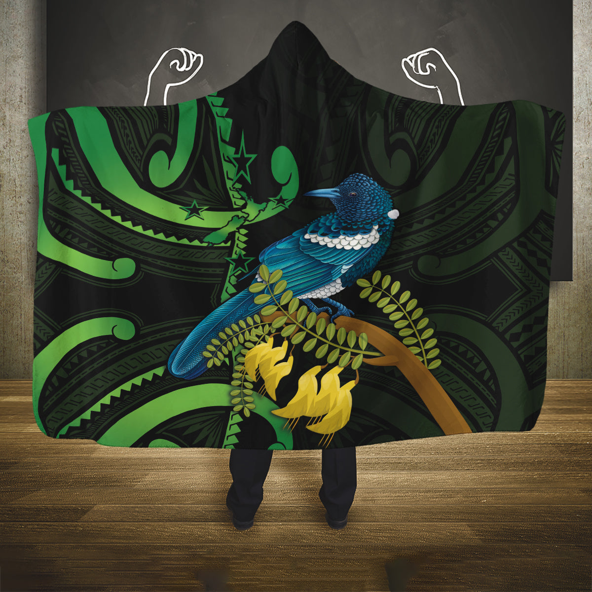 New Zealand Tui Bird Hooded Blanket Aotearoa Maori With Kowhai Flowers LT14 One Size Black - Polynesian Pride