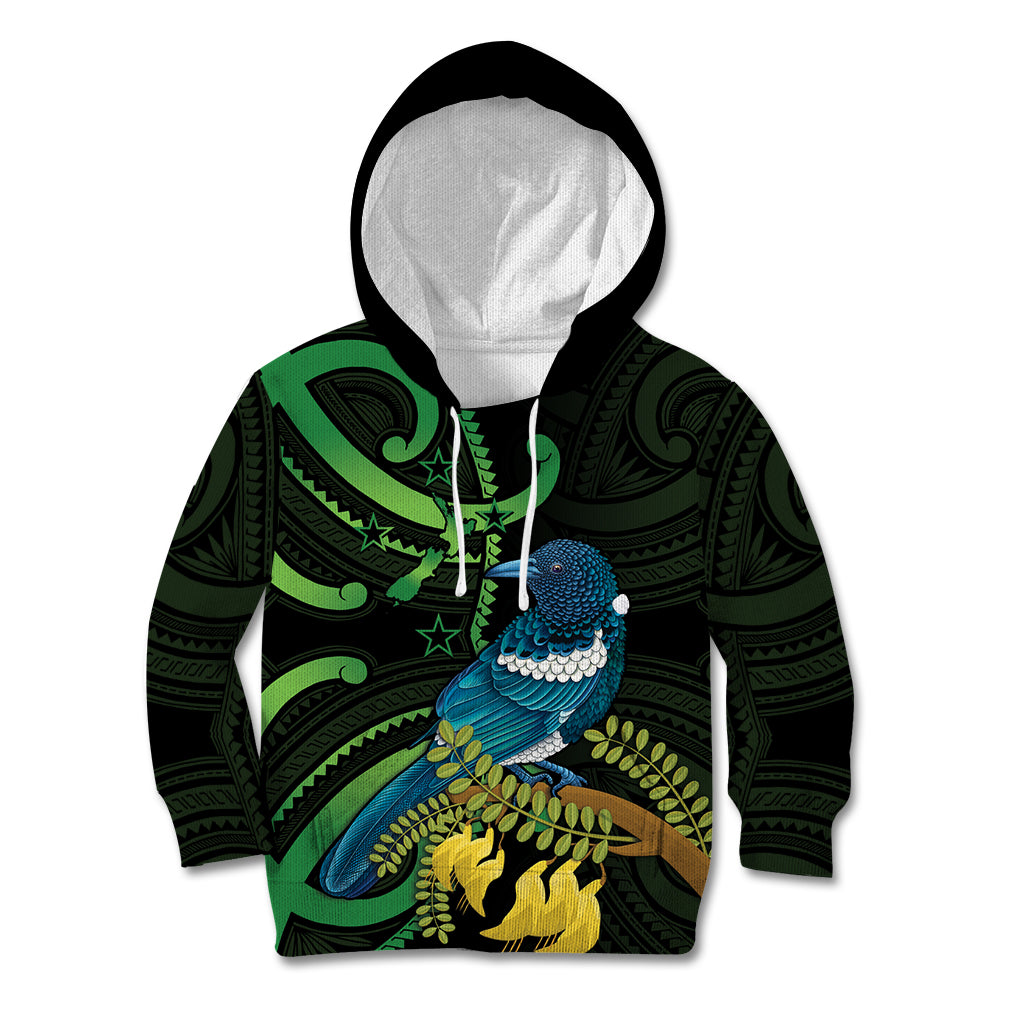 New Zealand Tui Bird Kid Hoodie Aotearoa Maori With Kowhai Flowers