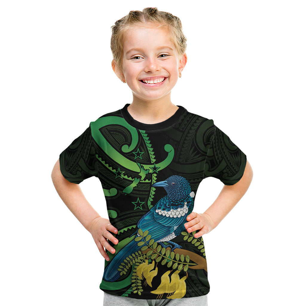 New Zealand Tui Bird Kid T Shirt Aotearoa Maori With Kowhai Flowers