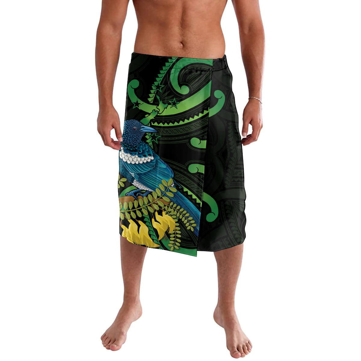 New Zealand Tui Bird Lavalava Aotearoa Maori With Kowhai Flowers LT14 Black - Polynesian Pride