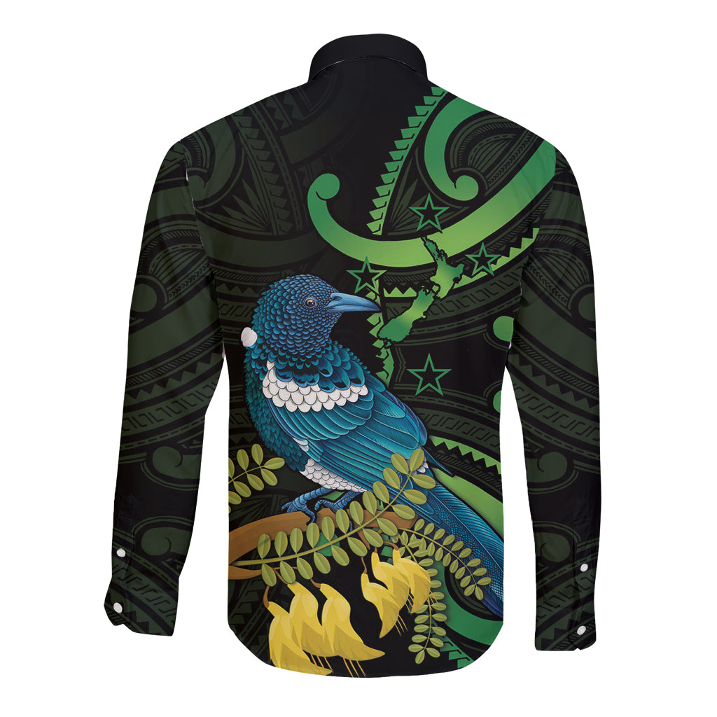 New Zealand Tui Bird Long Sleeve Button Shirt Aotearoa Maori With Kowhai Flowers