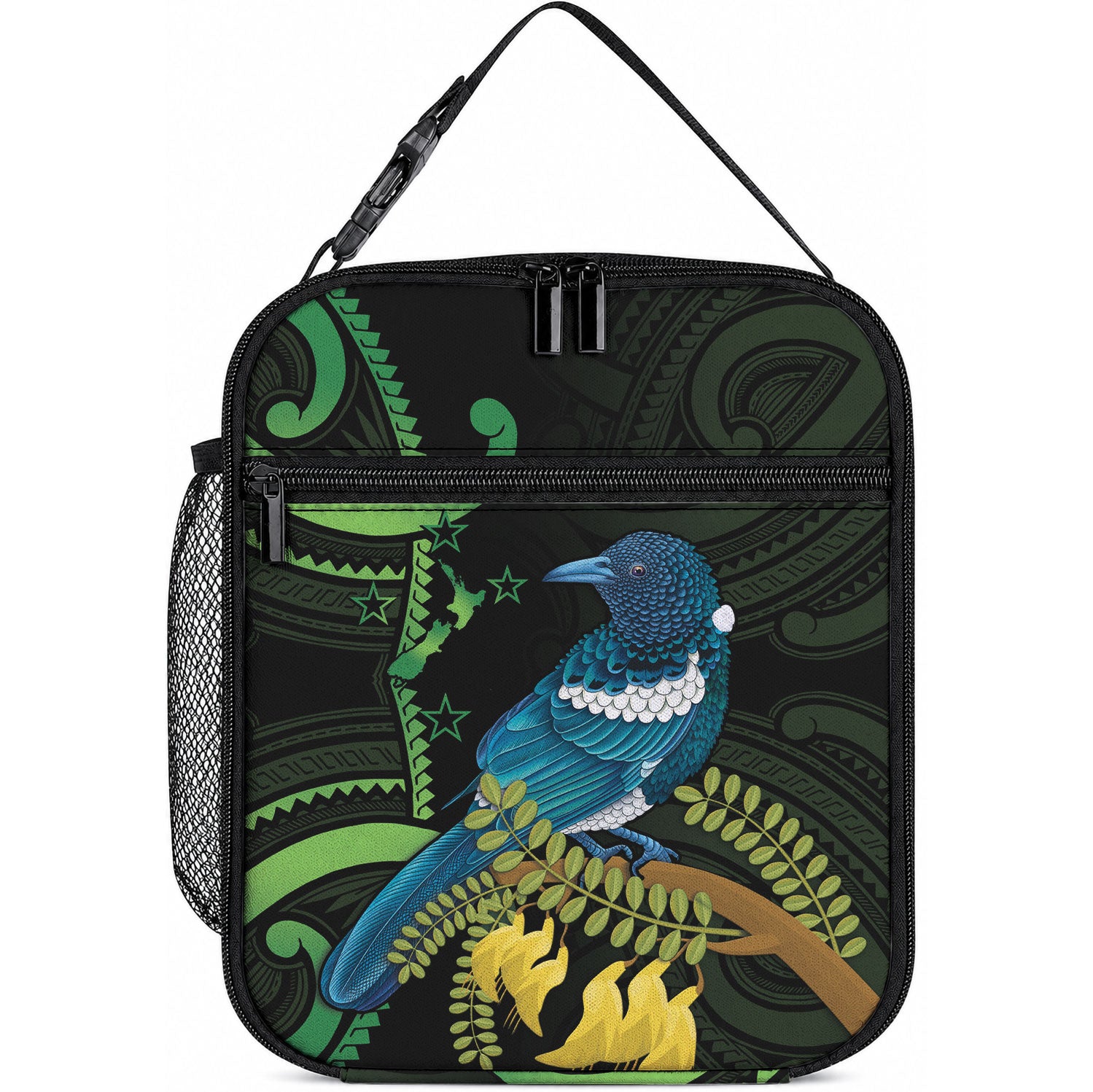 New Zealand Tui Bird Lunch Bag Aotearoa Maori With Kowhai Flowers LT14 10.2 × 8.3 × 4.3 inch Black - Polynesian Pride