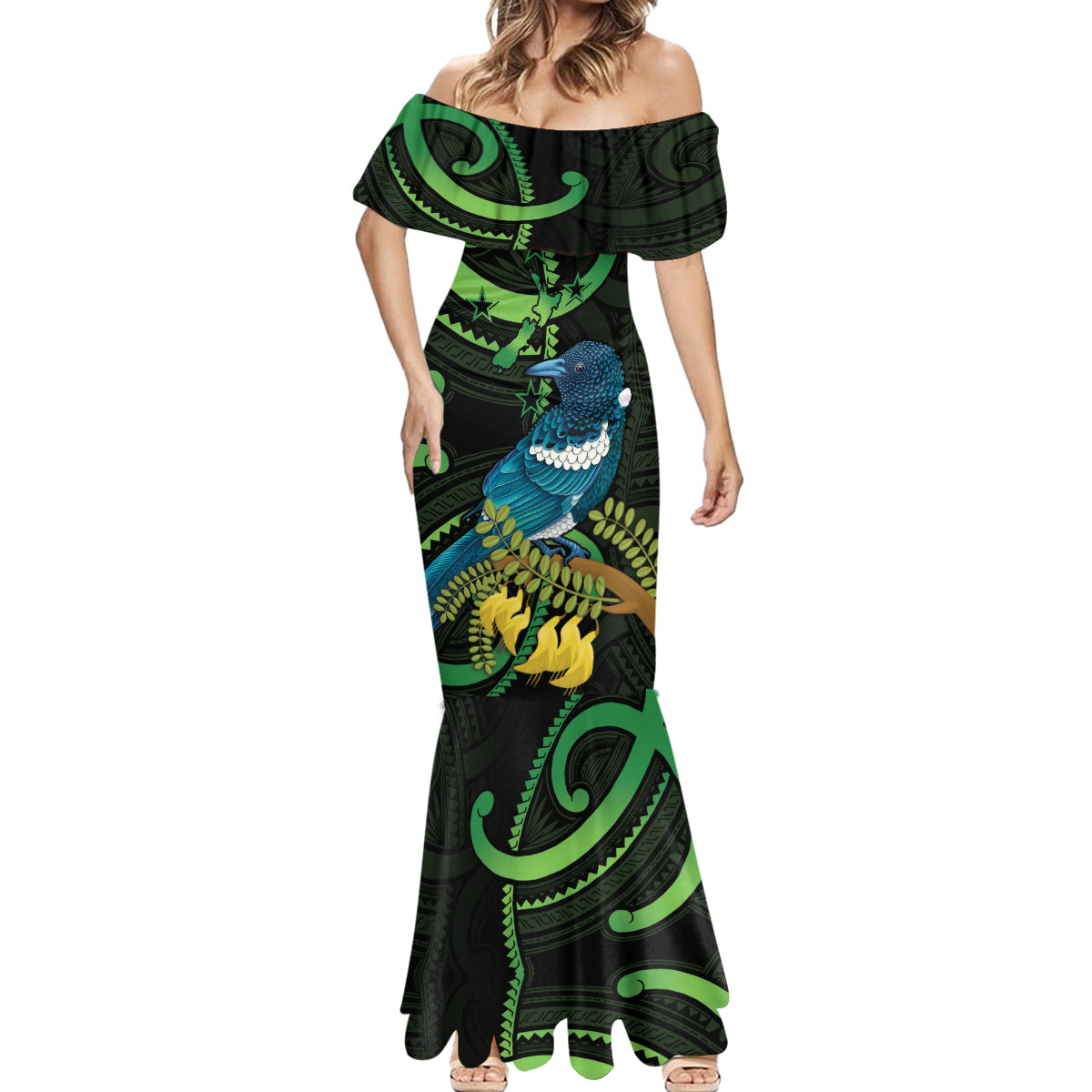 New Zealand Tui Bird Mermaid Dress Aotearoa Maori With Kowhai Flowers