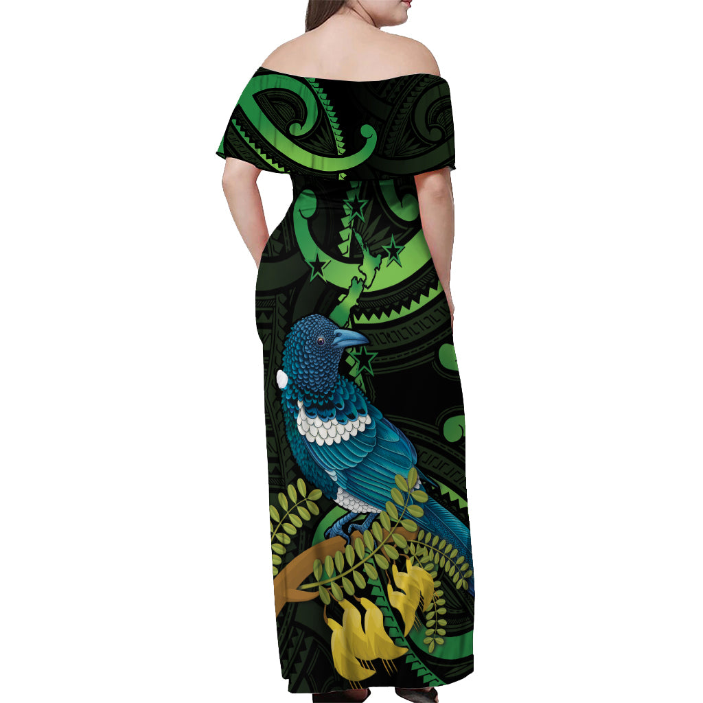 New Zealand Tui Bird Off Shoulder Maxi Dress Aotearoa Maori With Kowhai Flowers