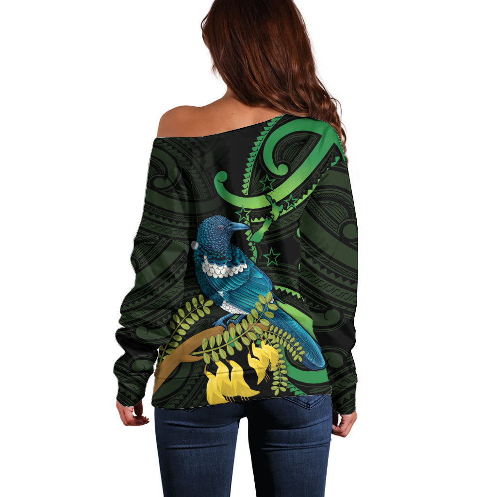 New Zealand Tui Bird Off Shoulder Sweater Aotearoa Maori With Kowhai Flowers