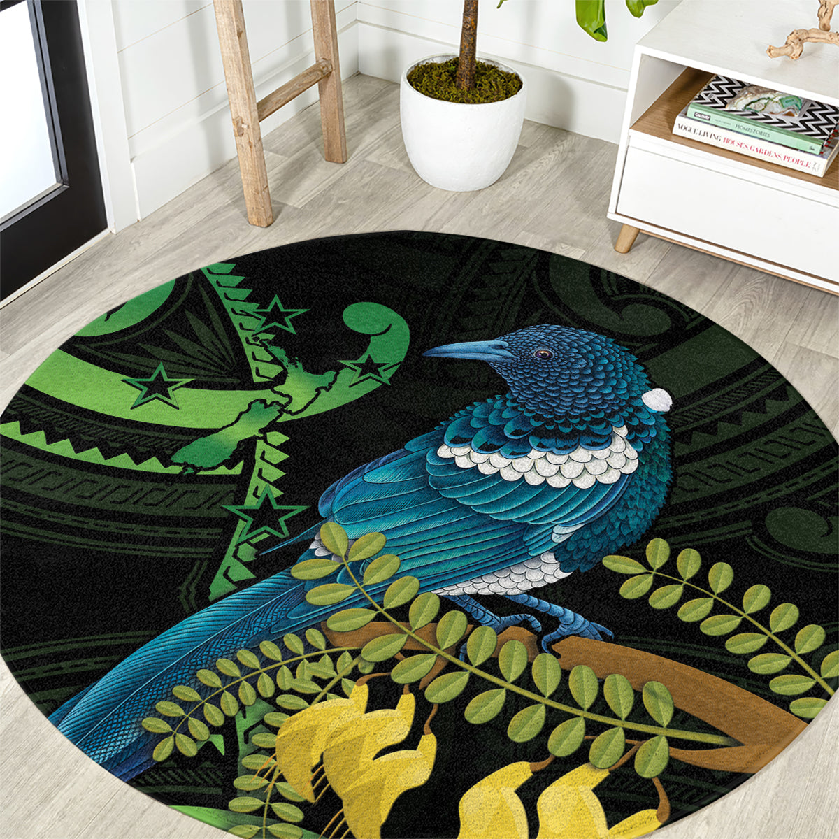 New Zealand Tui Bird Round Carpet Aotearoa Maori With Kowhai Flowers