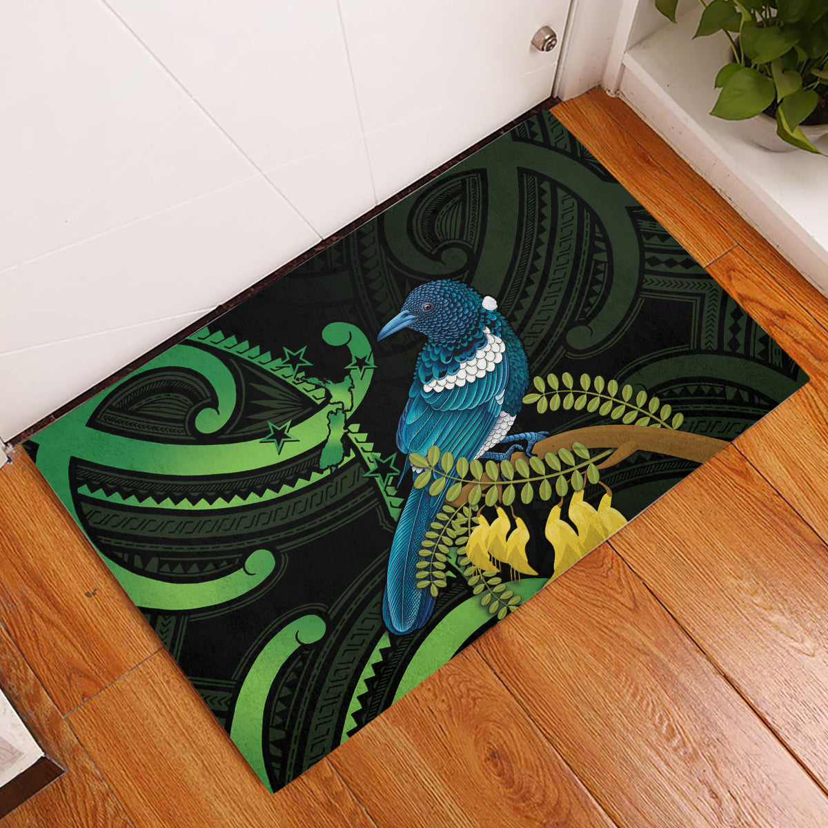 New Zealand Tui Bird Rubber Doormat Aotearoa Maori With Kowhai Flowers LT14 Black - Polynesian Pride