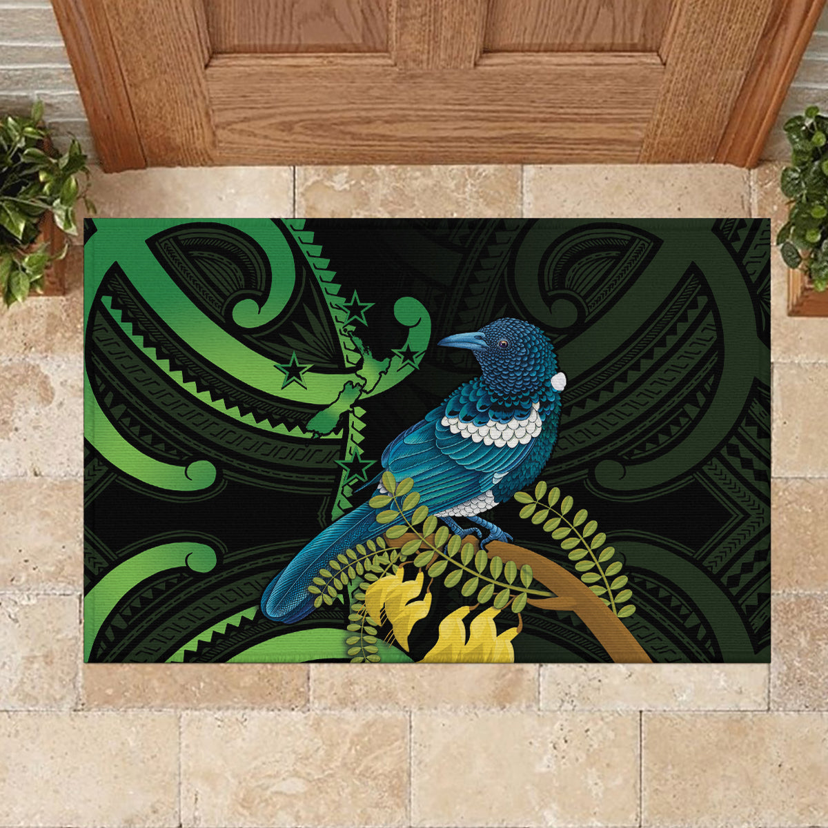 New Zealand Tui Bird Rubber Doormat Aotearoa Maori With Kowhai Flowers LT14 - Polynesian Pride