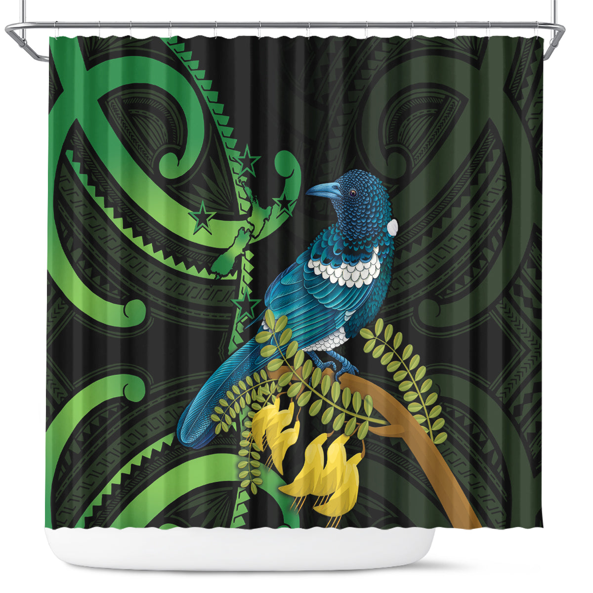 New Zealand Tui Bird Shower Curtain Aotearoa Maori With Kowhai Flowers