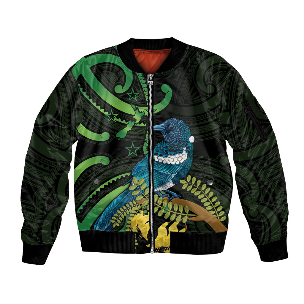 New Zealand Tui Bird Sleeve Zip Bomber Jacket Aotearoa Maori With Kowhai Flowers LT14 Unisex Black - Polynesian Pride
