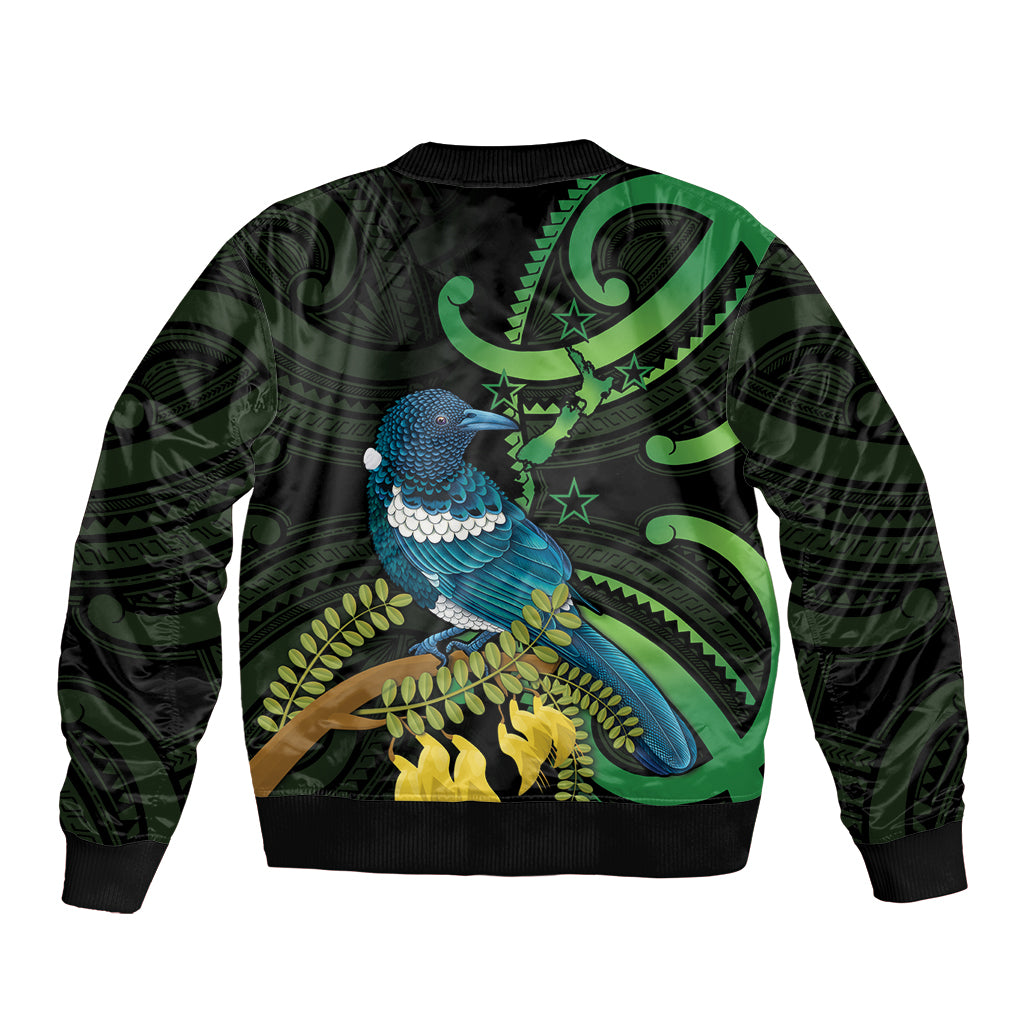 New Zealand Tui Bird Sleeve Zip Bomber Jacket Aotearoa Maori With Kowhai Flowers LT14 - Polynesian Pride