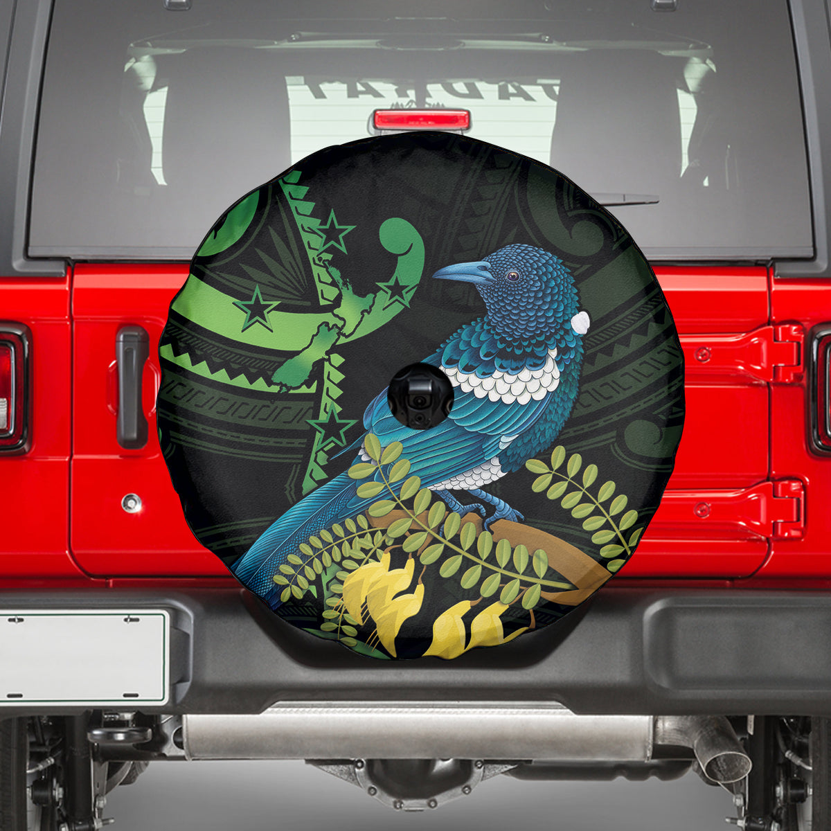 New Zealand Tui Bird Spare Tire Cover Aotearoa Maori With Kowhai Flowers