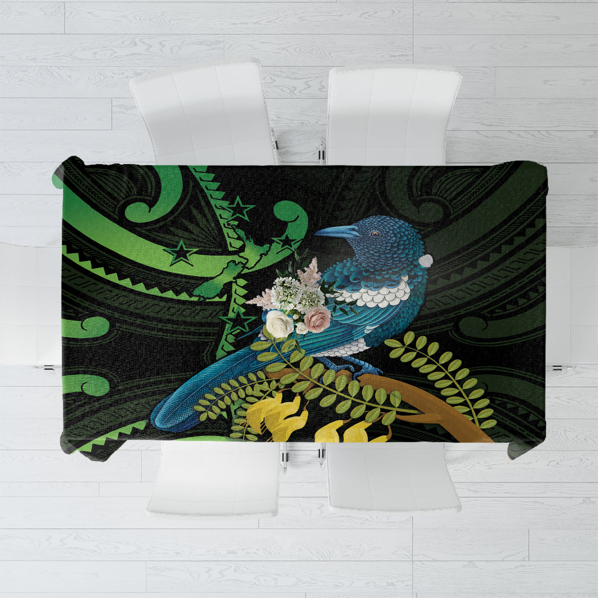 New Zealand Tui Bird Tablecloth Aotearoa Maori With Kowhai Flowers LT14 Black - Polynesian Pride