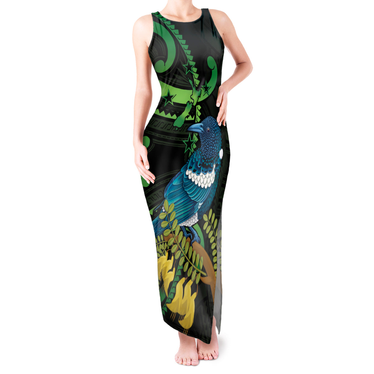 New Zealand Tui Bird Tank Maxi Dress Aotearoa Maori With Kowhai Flowers