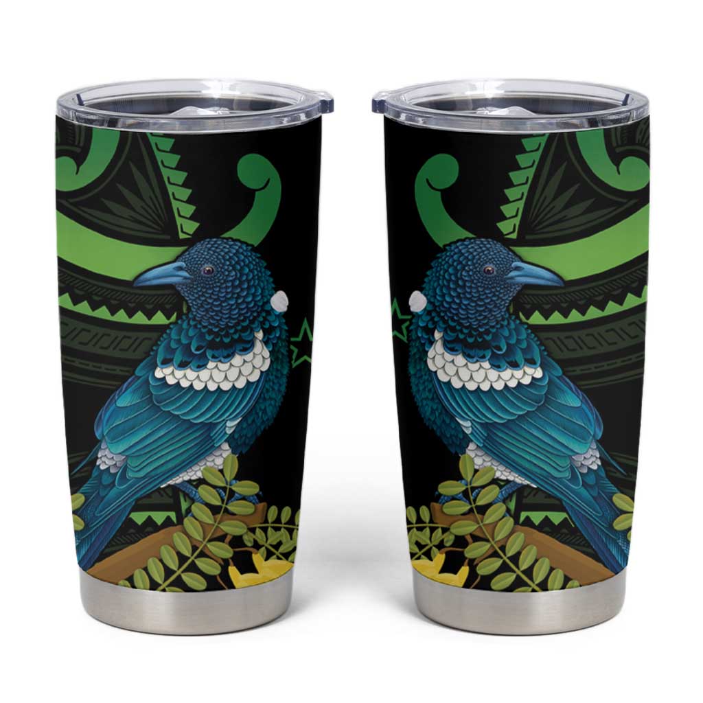 New Zealand Tui Bird Tumbler Cup Aotearoa Maori With Kowhai Flowers LT14 Black - Polynesian Pride
