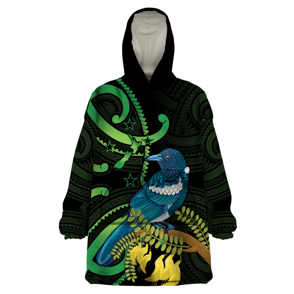 New Zealand Tui Bird Wearable Blanket Hoodie Aotearoa Maori With Kowhai Flowers